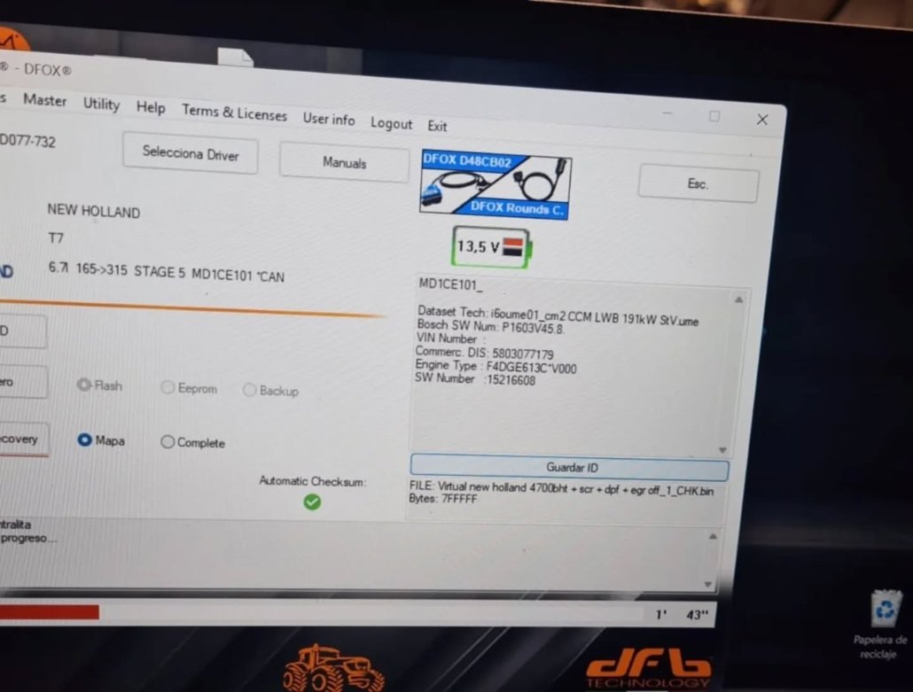 Diagnosis de centralita MD1CS003 de tractor New Holland T7 en DPTuner